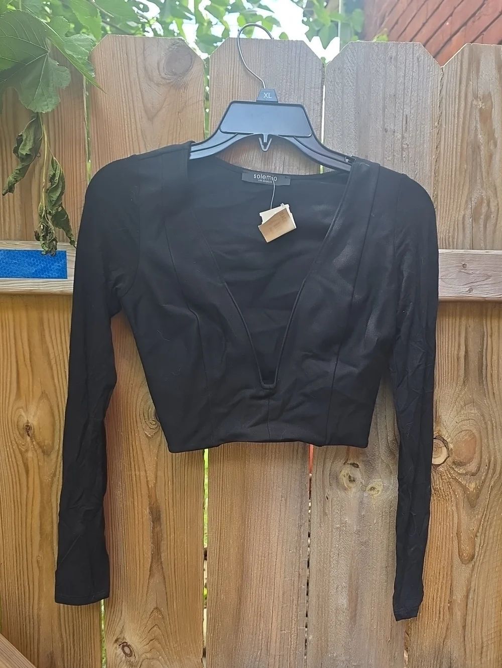 Solemio Black Long-Sleeve Plunge Crop Top